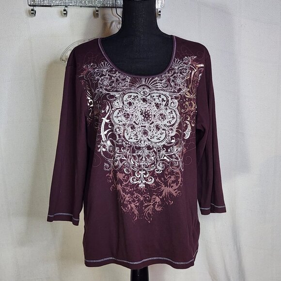 Zenergy Mauve Silver Foil Rhinestone Beaded 3/4 Sleeve Cotton Top Chico 3 US XL - Picture 1 of 16